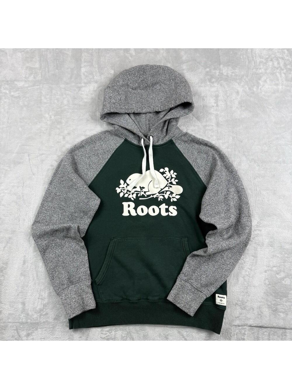 Roots Canada Hoodie Mens Medium Oat Grey Green Fleece Cottage Relaxed Heritage